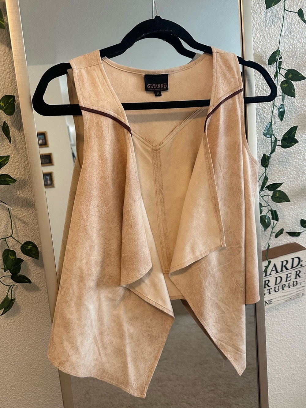 Shyanne Tan Suede-Look Open Vest with Black Trim